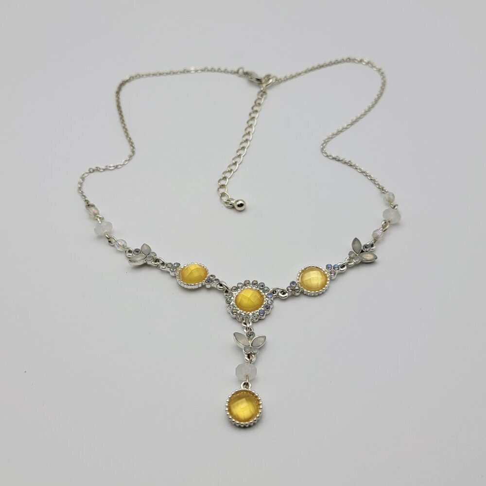 Vtg. AVON NR Silver-Tone AB And Yellow Rhinestones Dainty Y-Drop Necklace 19 in - Picture 2 of 8